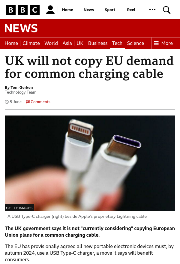 BBC - UK will not copy EU demand for common charging cable